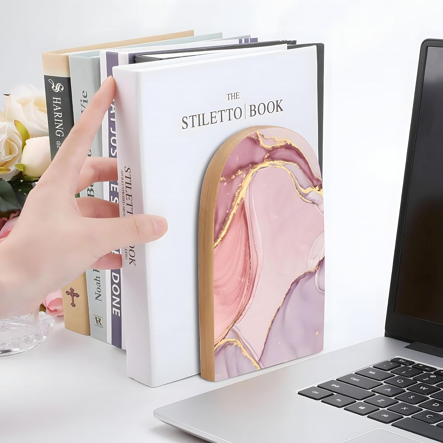 2PCS Pink Marble Bookends for Shelves and Desk