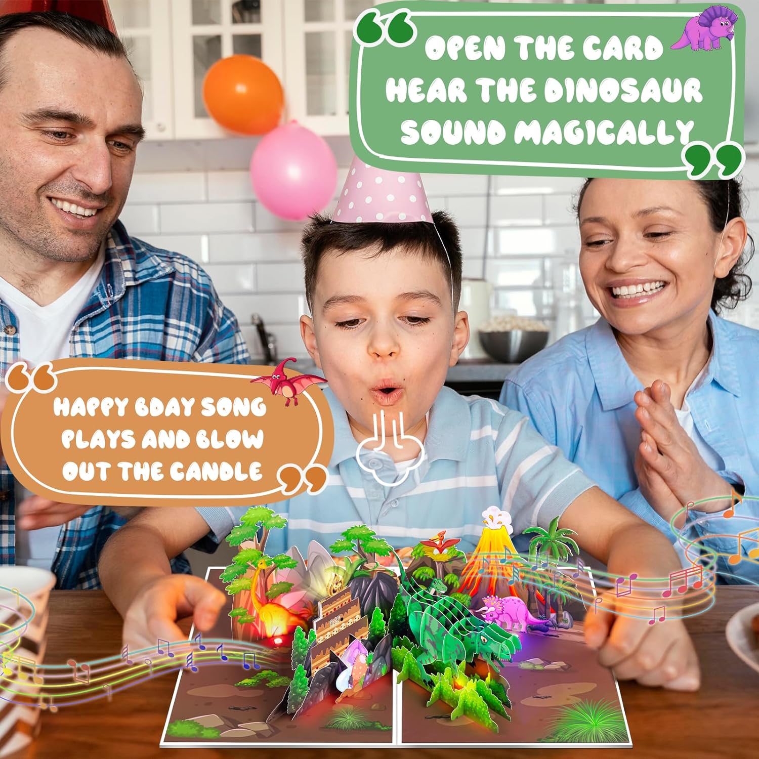 Dinosaur Musical Birthday Card with LED Lights and 3D Pop Up