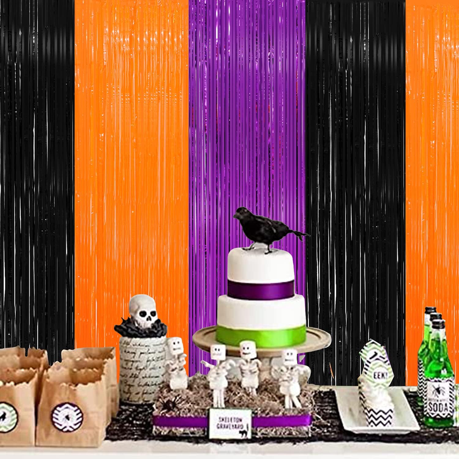 3 Pack Halloween Black Orange Tinsel Curtain Backdrop