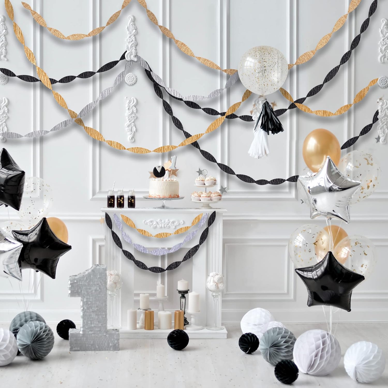 Qouui 6 Rolls Black and Gold Streamers Crepe Paper Kit