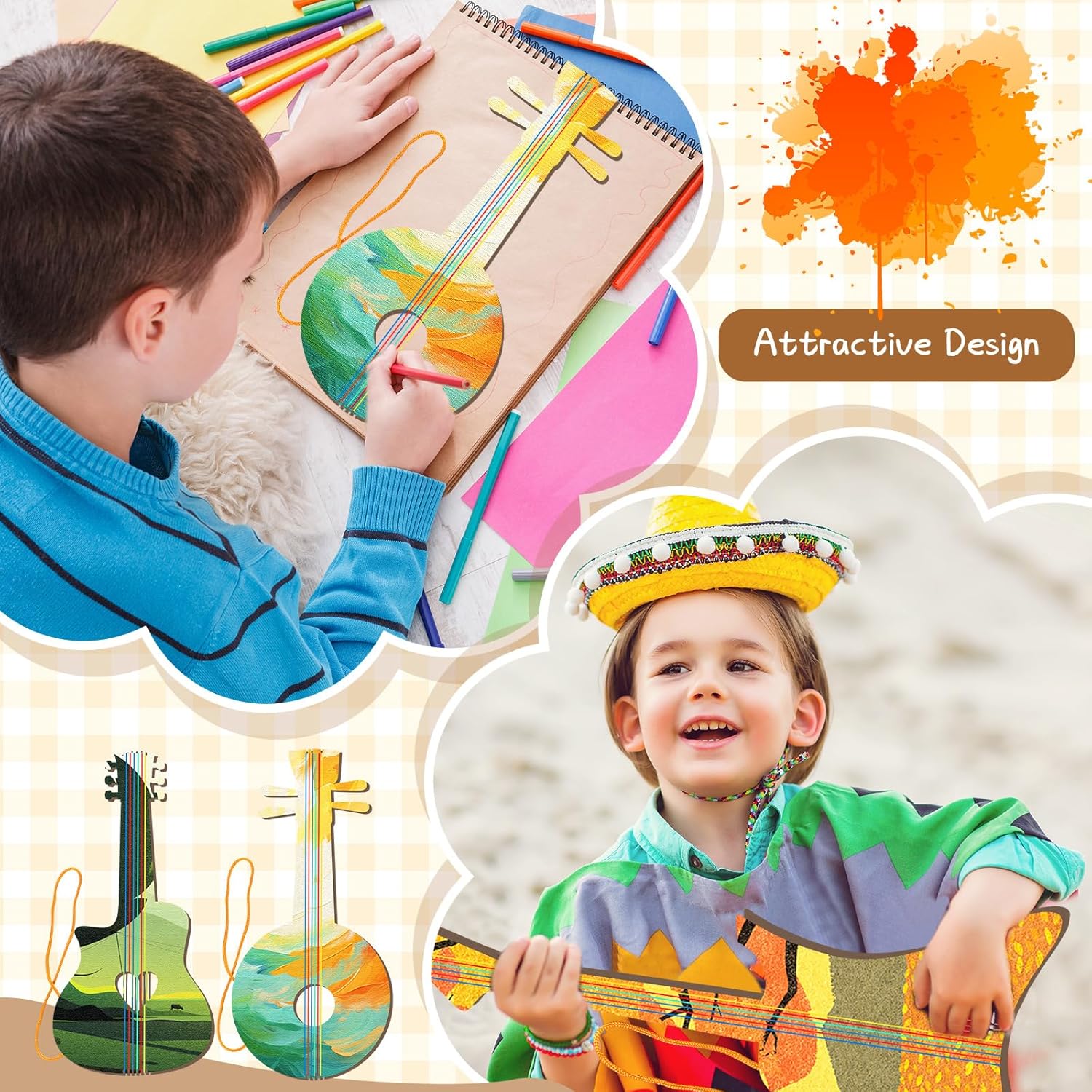 Syhood 24 Pcs DIY Wood Guitar Cutouts for Kids