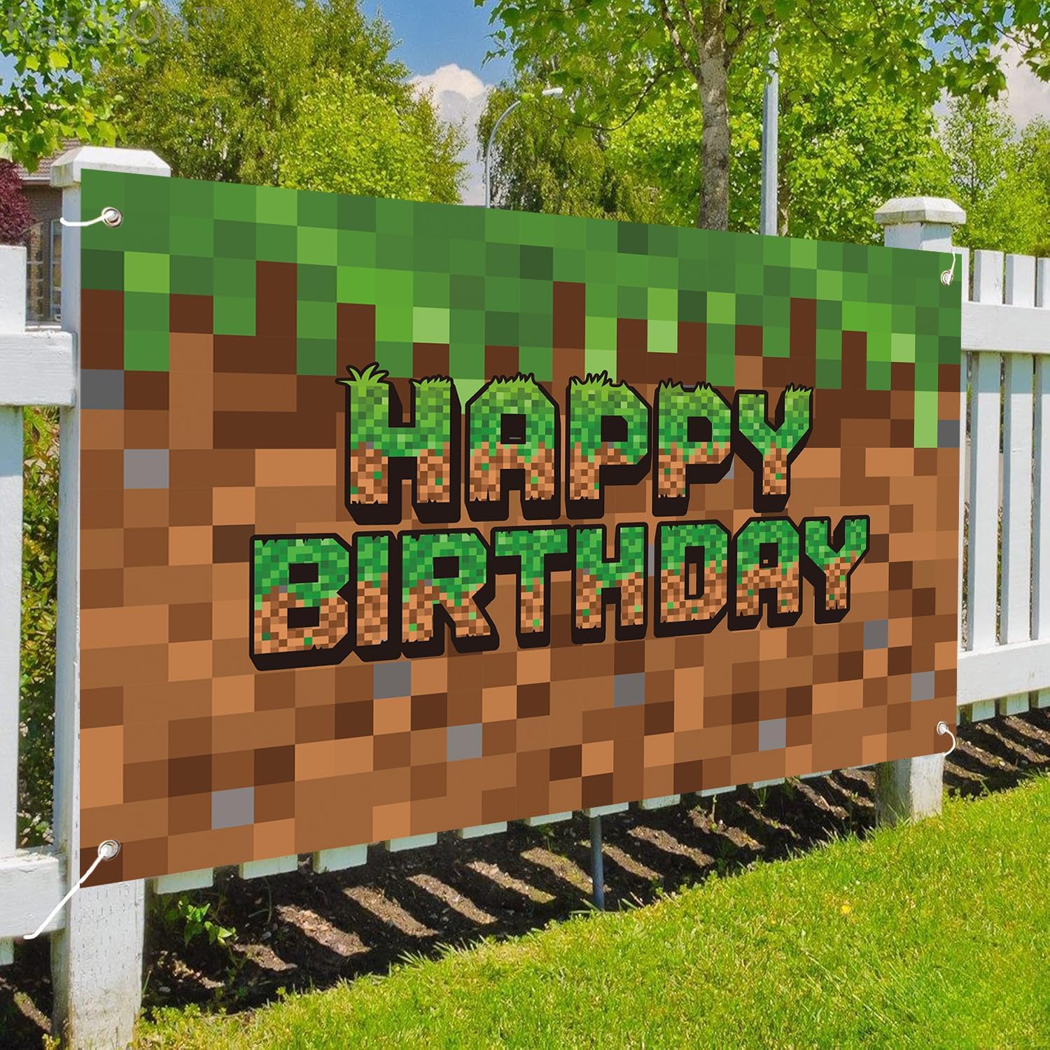 Green and Brown Video Game Themed Birthday Backdrop Banner