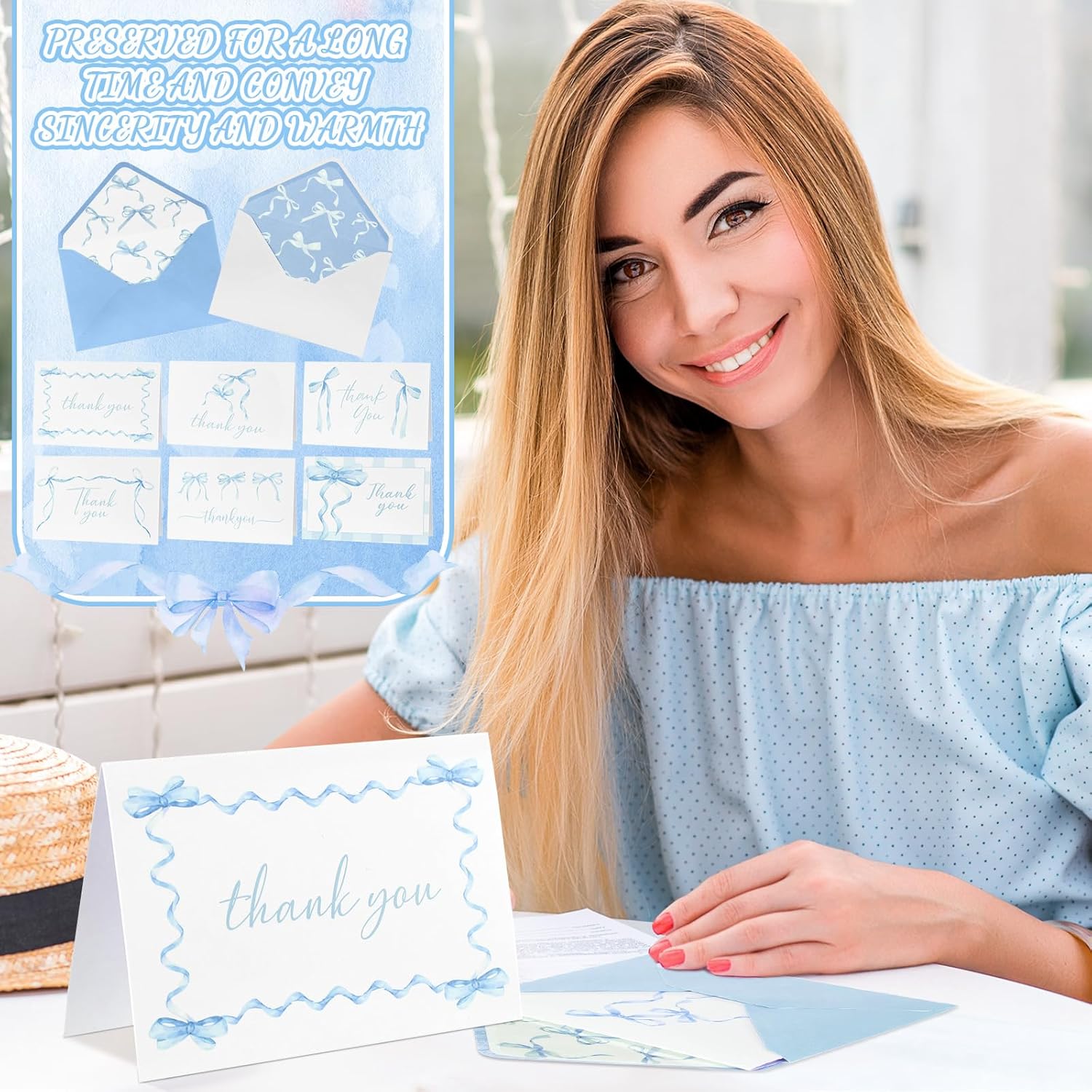 60 Blue Bow Thank You Cards with Envelopes 4x6