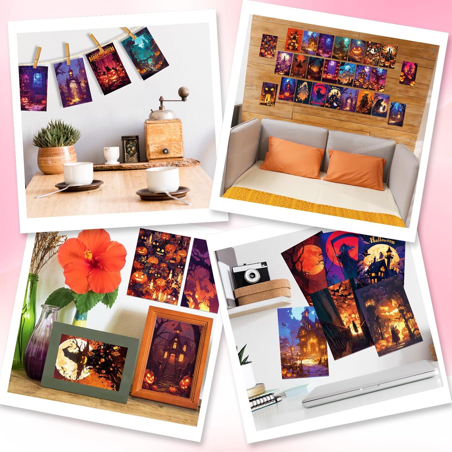 50 Halloween Cartoon Postcard Set - Ghost Witch Pumpkin Cat Custom Gift Cards