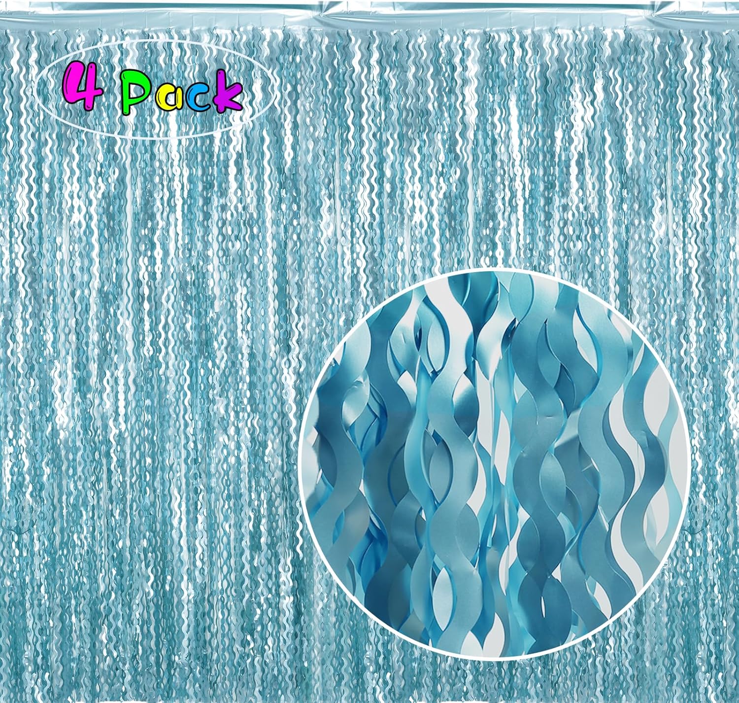 4 Pack Wavy Blue Foil Fringe Curtains 33x66ft Ocean Backdrop