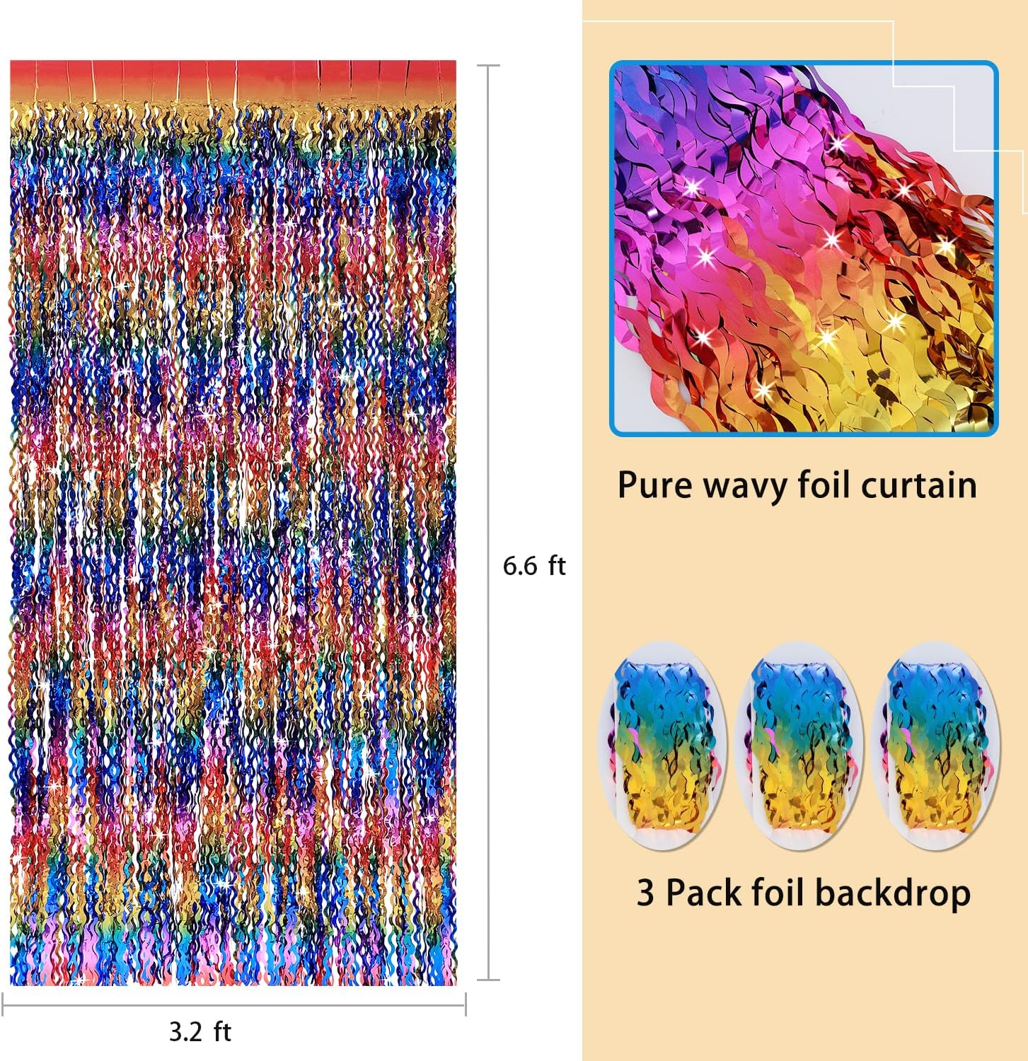 3 Pack Rainbow Foil Fringe Curtain Backdrop