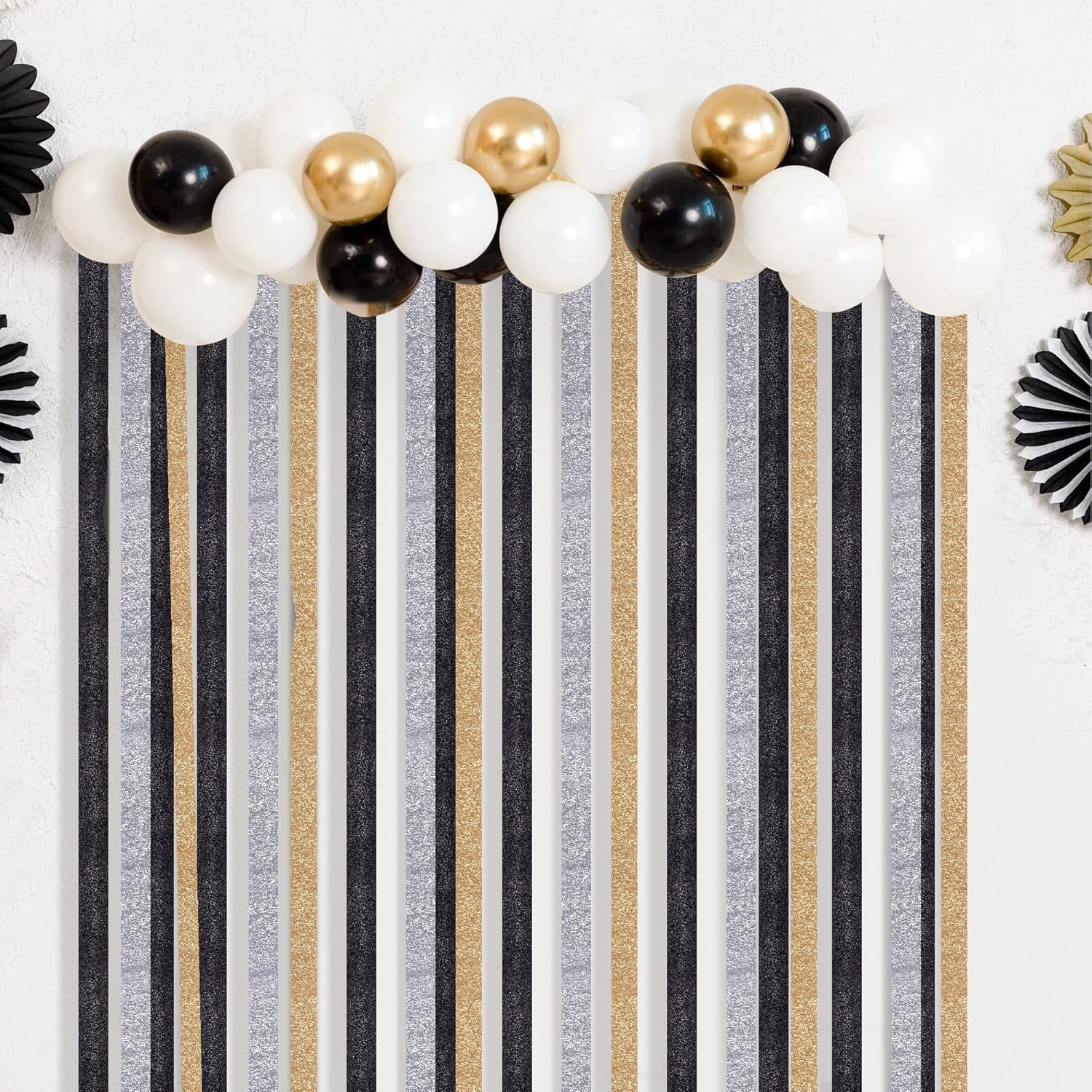 Qouui 6 Rolls Black and Gold Streamers Crepe Paper Kit