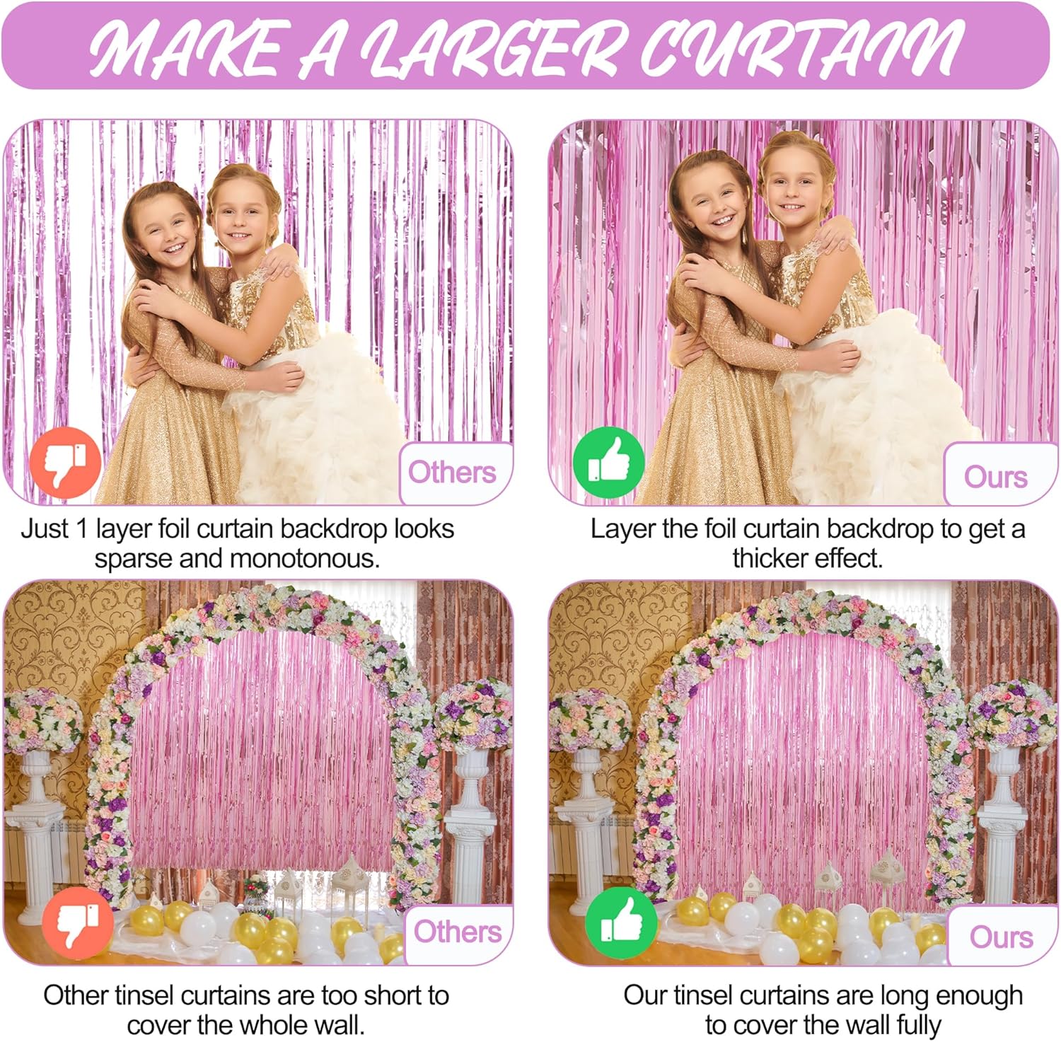Crosize 3 Pack Pink Foil Curtain Party Decorations