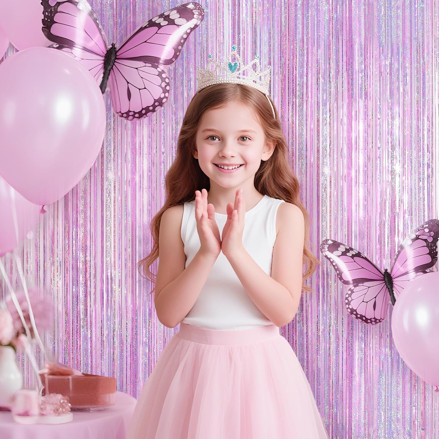 2 Pack Pink Tinsel Foil Fringe Party Backdrop Curtains 32x82ft