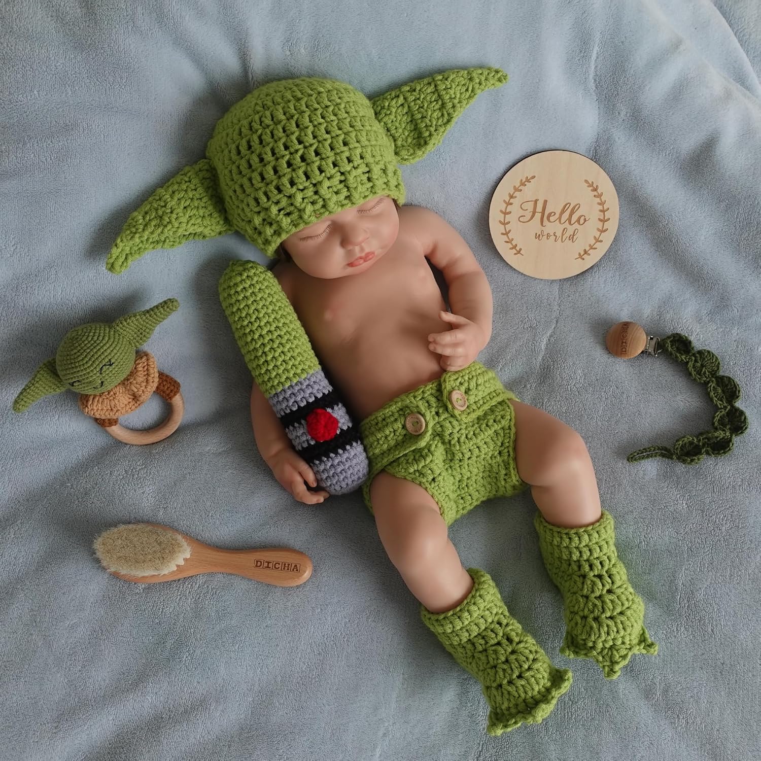 DICHA Handmade Crochet Baby Yoda Costume 4-Piece Set