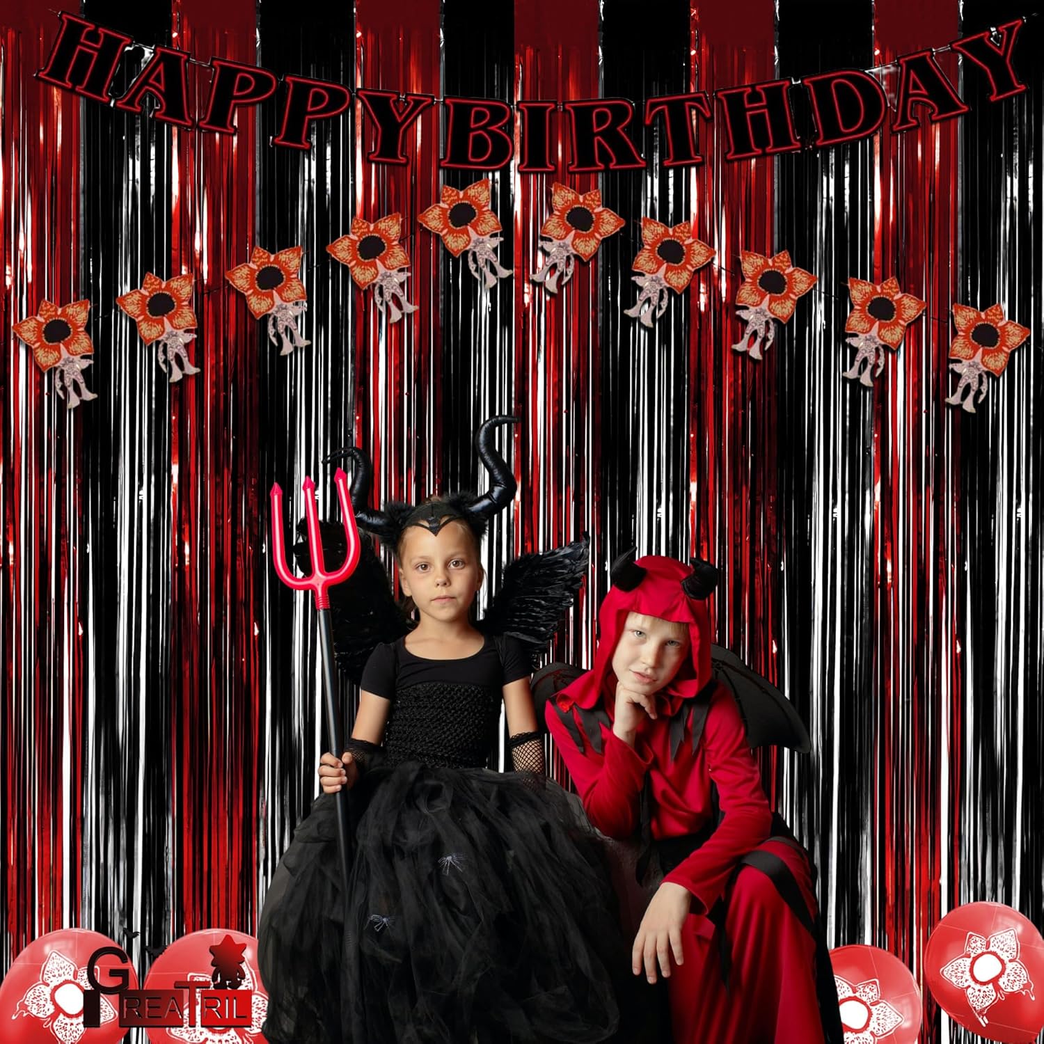 GREATRIL Black Red Party Streamers Backdrop