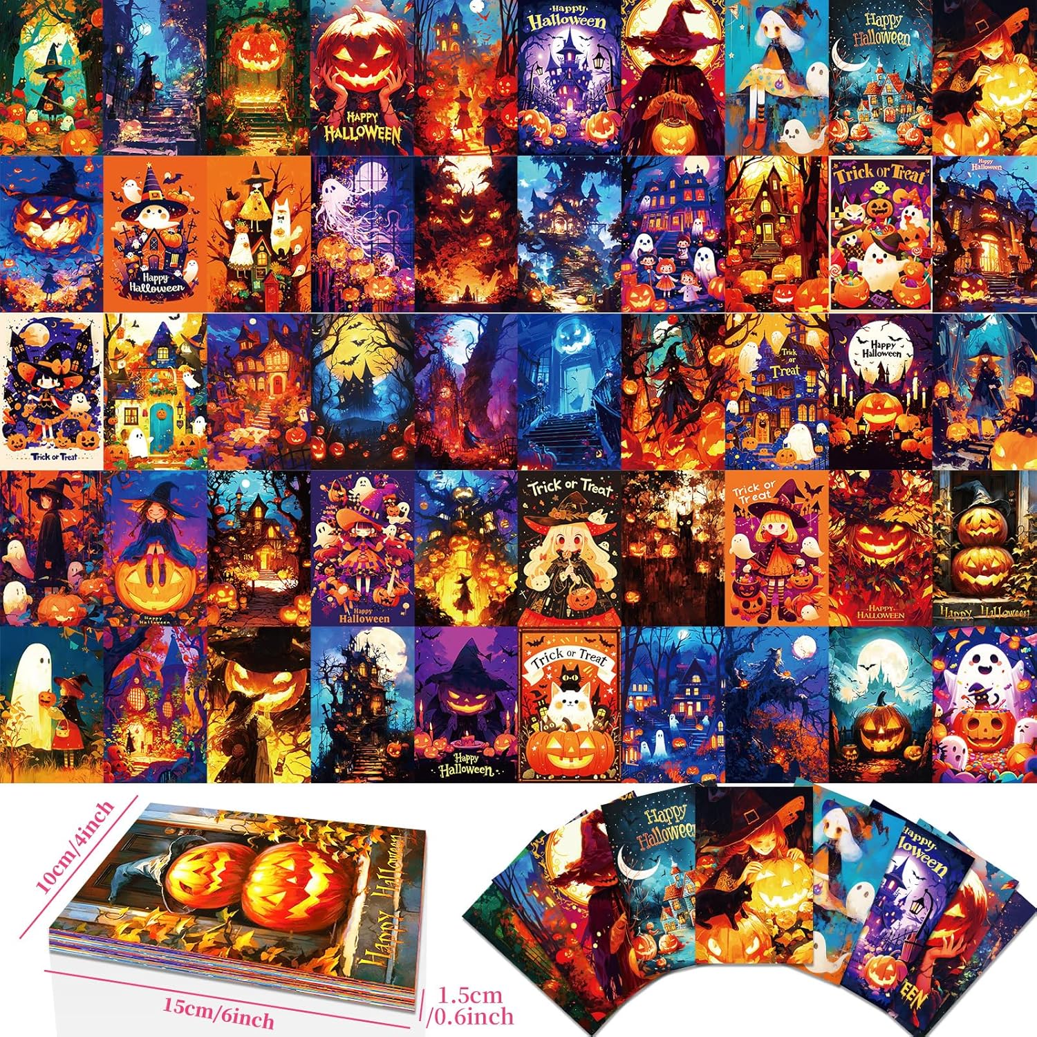 50 Halloween Cartoon Postcard Set - Ghost Witch Pumpkin Cat Custom Gift Cards