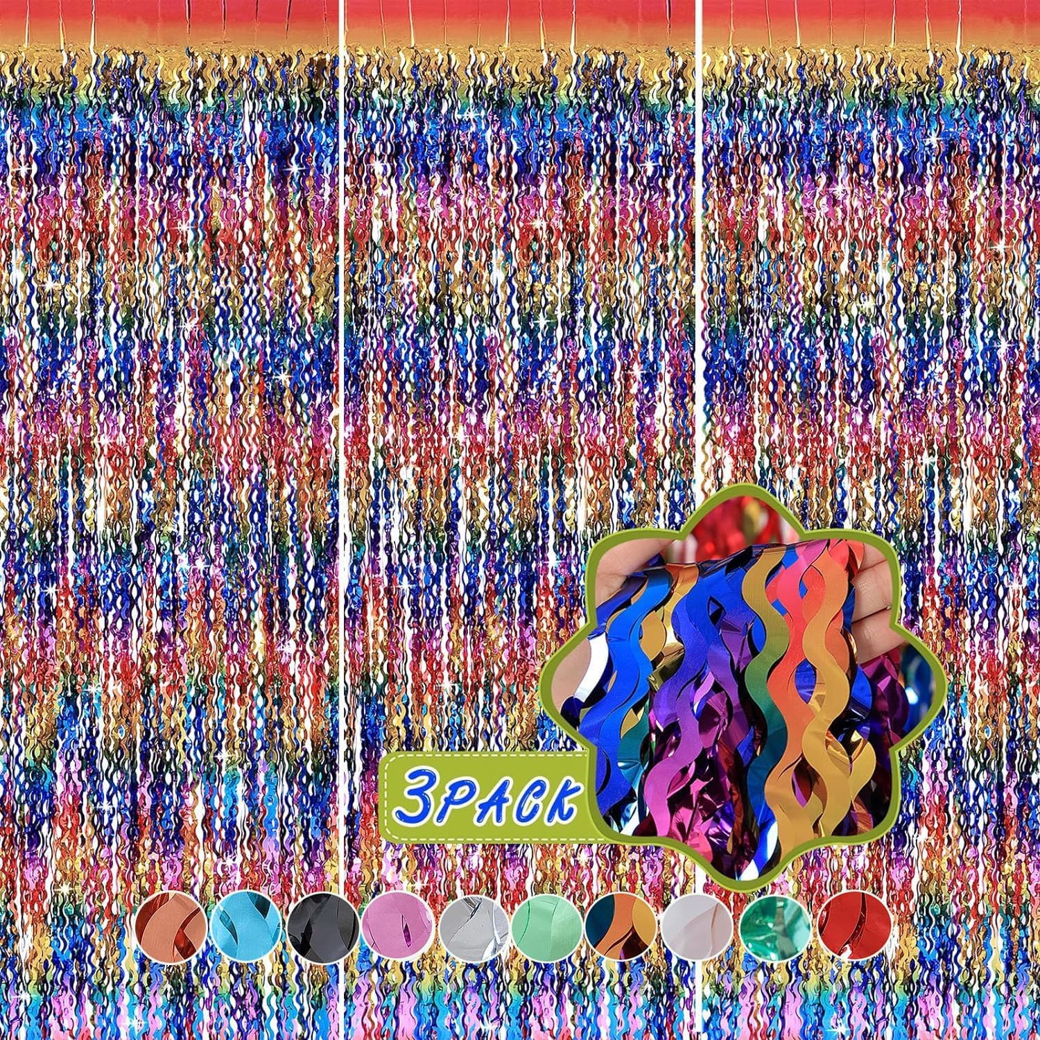 3 Pack Rainbow Foil Fringe Curtain Backdrop