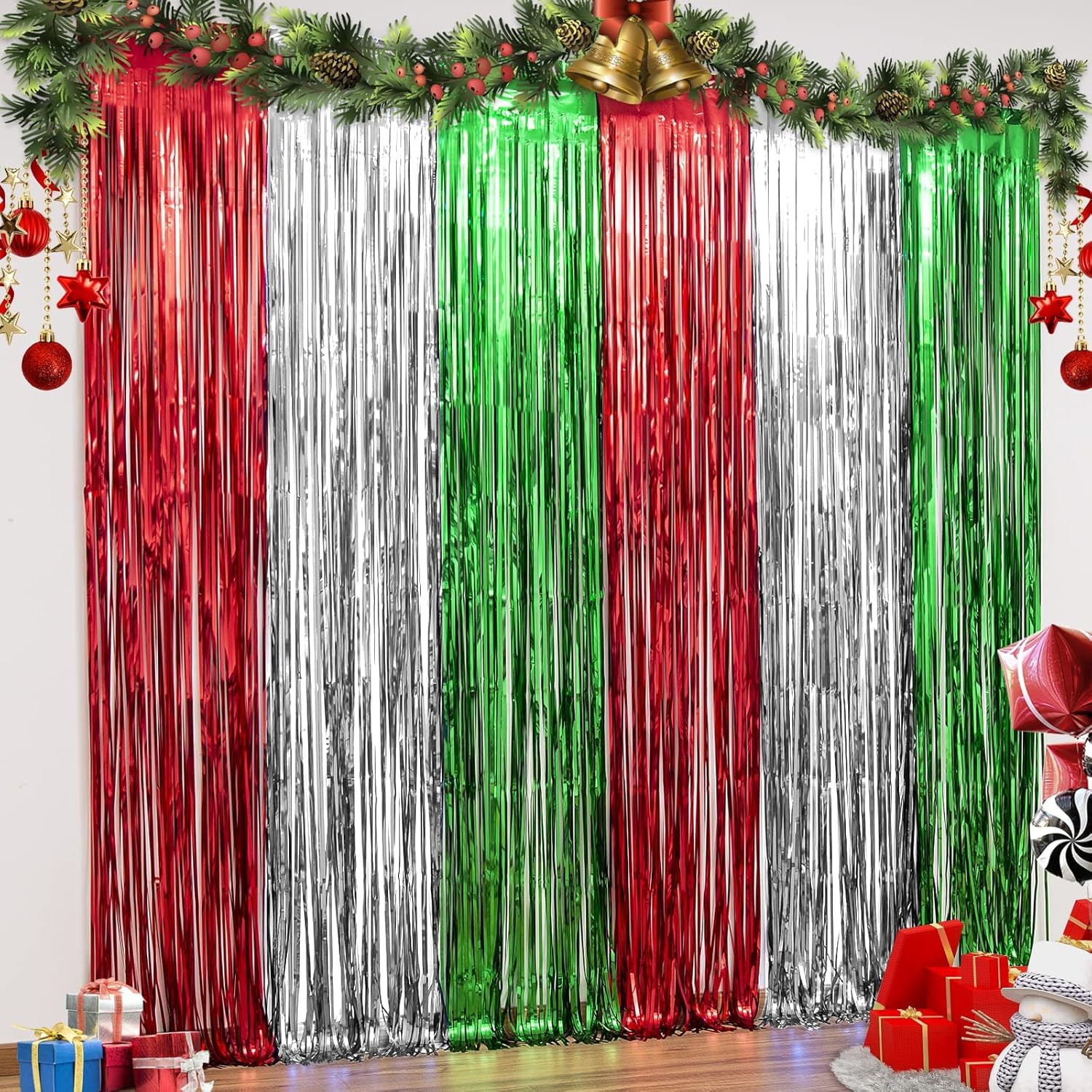 LOLStar 3 Pack Foil Fringe Curtains for Christmas Decorations