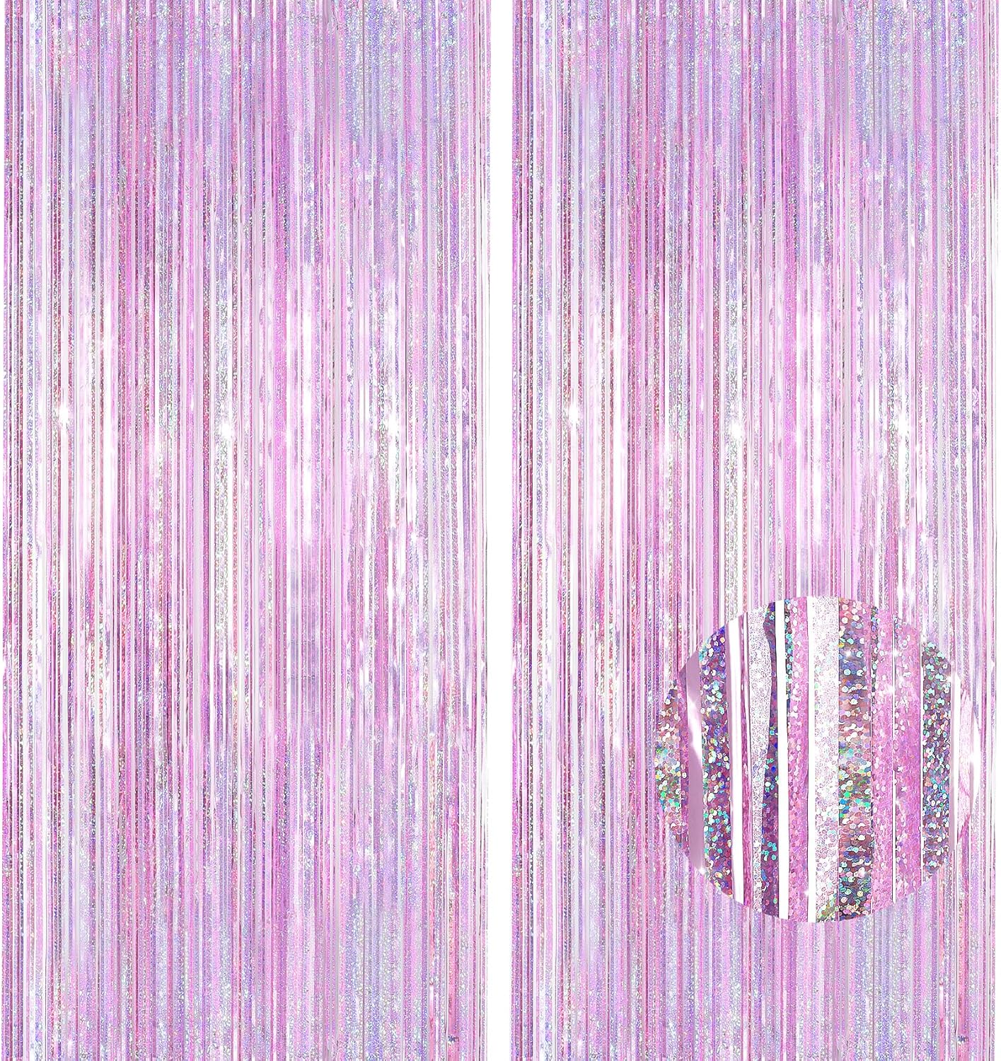 2 Pack Pink Tinsel Foil Fringe Party Backdrop Curtains 32x82ft