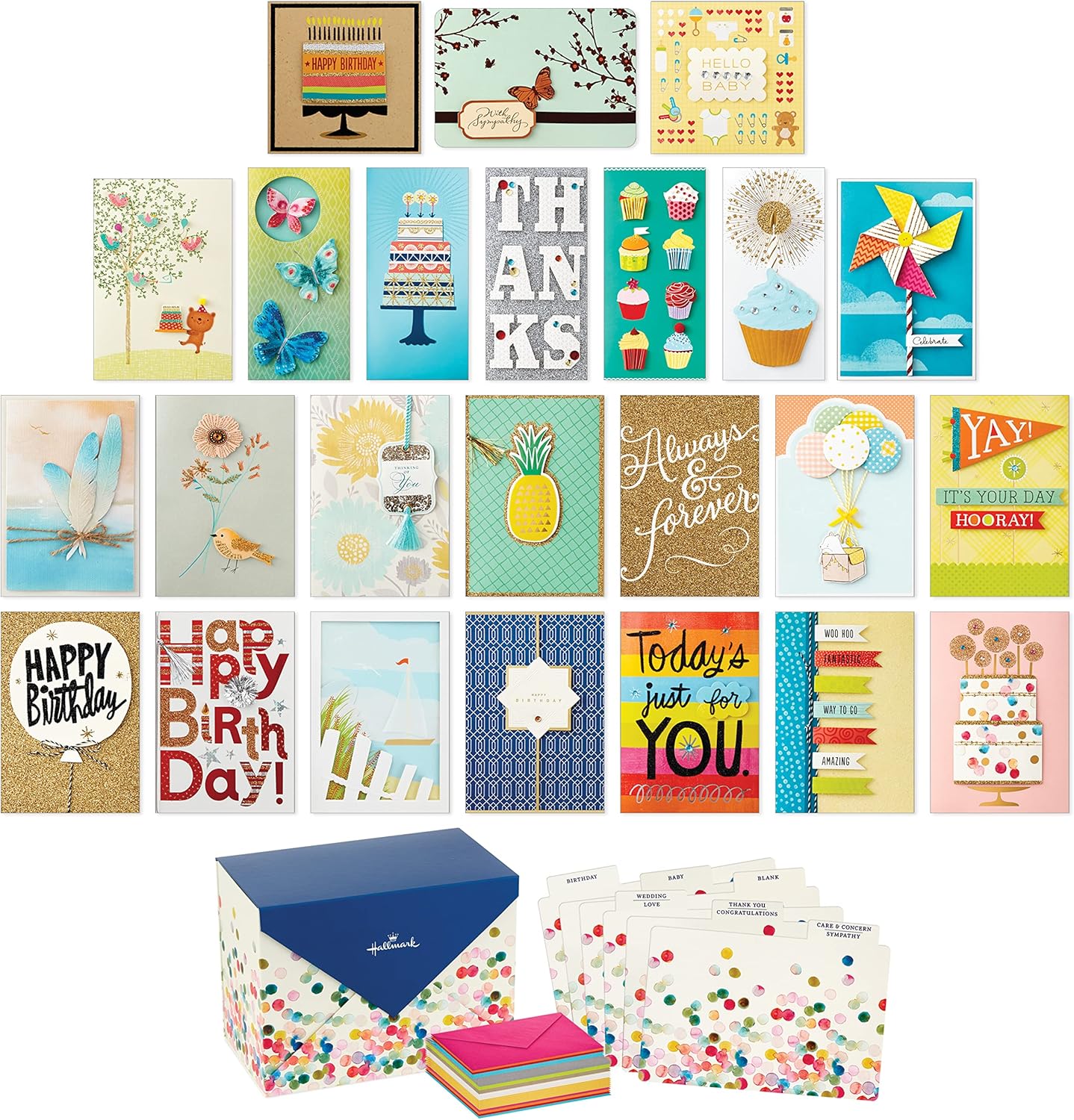 Hallmark Assorted Greeting Cards Set with Organizer Pack of 24