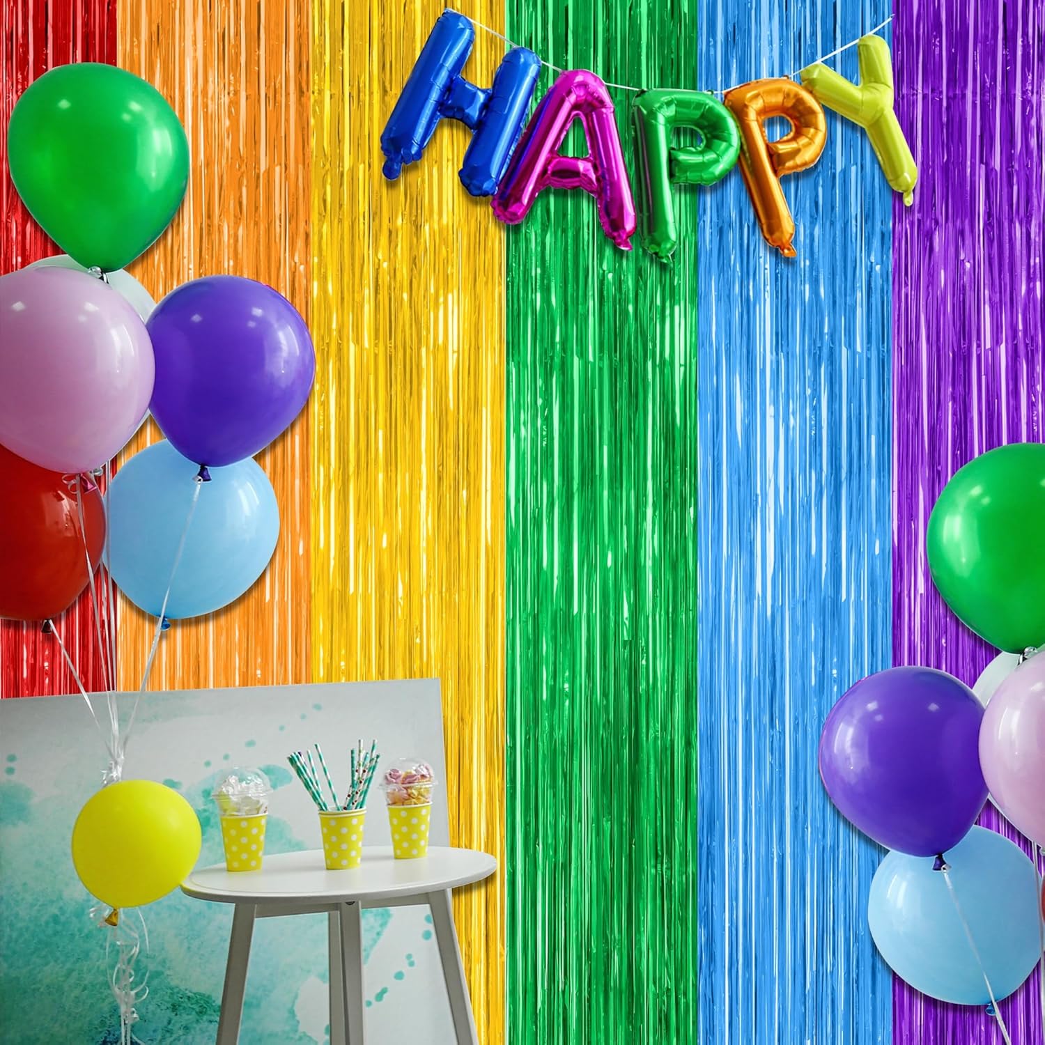 2 Pack Rainbow Foil Fringe Curtains for Party Decorations