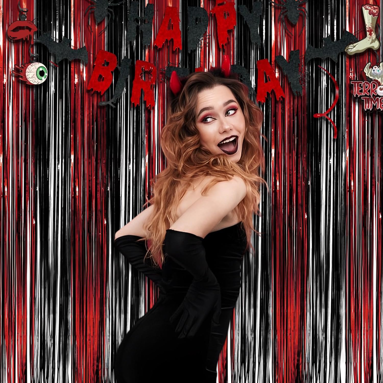 GREATRIL Black Red Party Streamers Backdrop