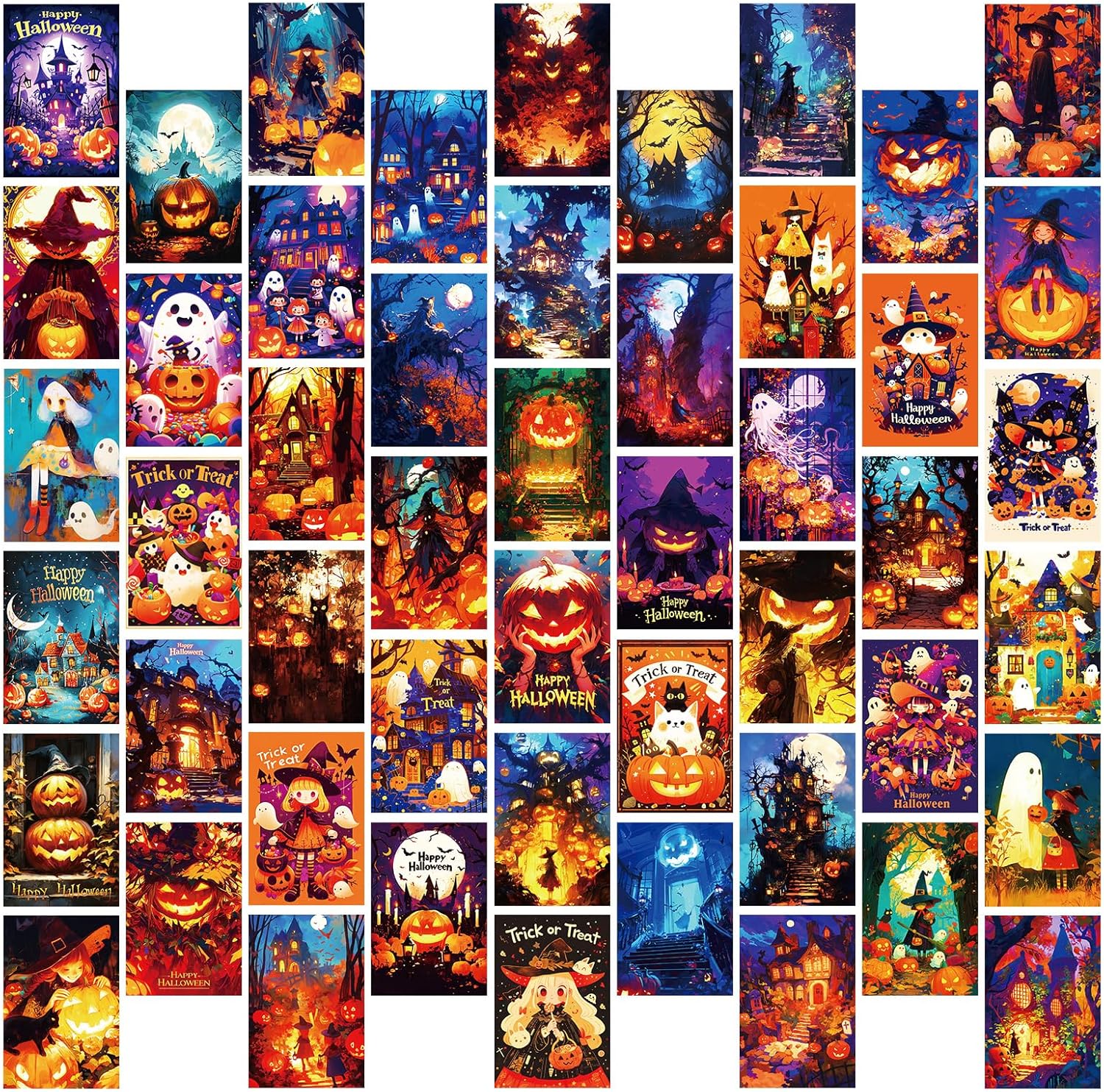 50 Halloween Cartoon Postcard Set - Ghost Witch Pumpkin Cat Custom Gift Cards