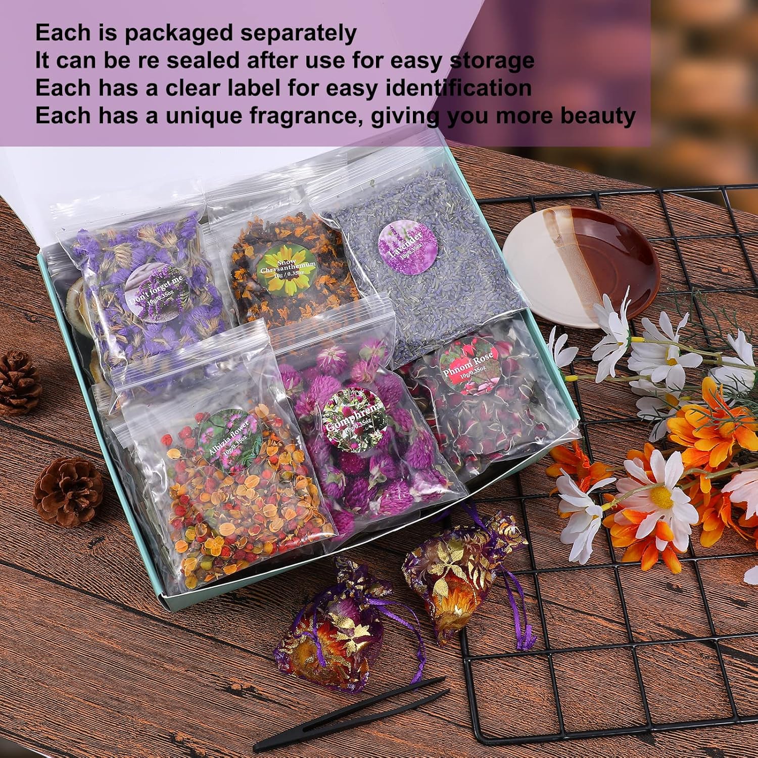 SACATR Dried Flowers 50 Bag Natural Herb Kit for Crafts