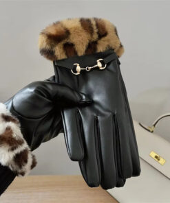 Ladies PU Leather Gloves Winter Chain Gloves Fashion Leopard Imitated Leather Fur Edge Cuff Warm Lining